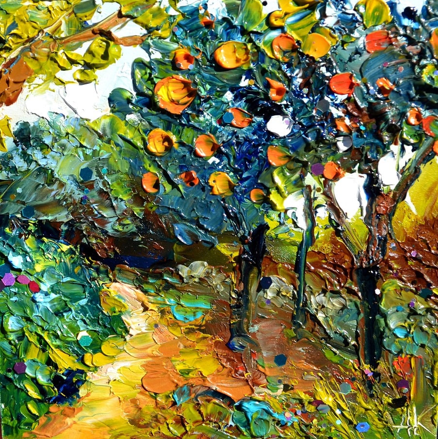 Landscape Art Oranges Tree, Fruit Tree, Green Leaves Citrus Decor
