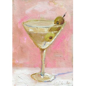 Cóctel con aceitunas verdes bebida pintada a mano pintura al óleo original de cocina Comida saludable bar decoración cóctel sin alcohol martini arte Cocina