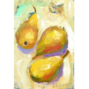 Tres peras, arte de naturaleza muerta pintado en la cocina, pintura al óleo original, arte de nutrición saludable, arte botánico, decoración de peras amarillas para la cocina