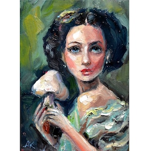arte de uma mulher bonita com cogumelo Retrato semi abstrato de uma menina bonita, arte de parede verde, arte feminina Mulher Retrato contemporâneo moderno
