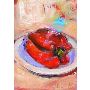 Pimiento rojo pintado cocina original pintura al óleo Comida nutrición saludable arte arte botánico Cocina