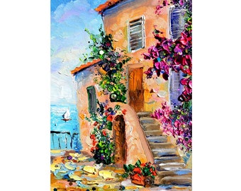 Rustic House with Sea View: Italian Sweet Life Sea home vall art, original oil painting colorful landscape Mediterranean Sea Flowered House