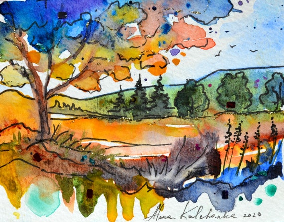 Watercolor Landscape Mountains Nature Decor Austria Lake in the