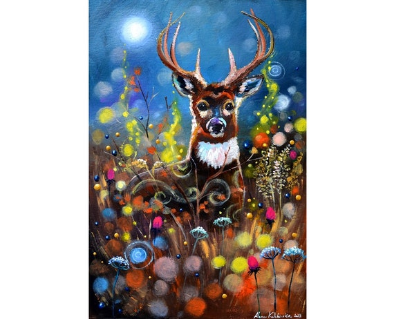 鹿のアート、牧草地の鹿のいる夜の風景、鹿の装飾、オリジナルアート鹿