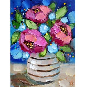 Pintura de flores de arte original de 4,3 x 5,5 pulgadas, arte original, imagen de flor rosa, arte impresionista moderno, flores de peonía rosa vibrante