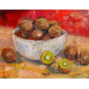 Cesta con kiwi, pintura al óleo original, arte mural, pintura de kiwi, pintura de cocina, arte de frutas
