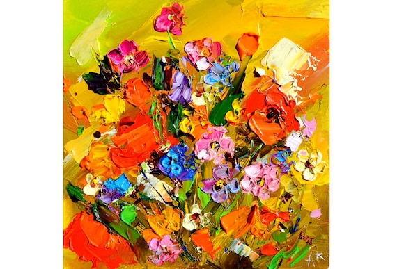 Mix Flower Art, Original Oil Painting Flowers Abstract Art Garden