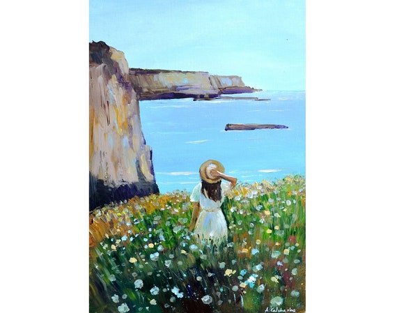 Sea Landscape Woman in Flower Field, Girl Original Art, Flowers of