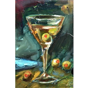 cóctel con aceitunas cóctel arte bebida pintada a mano cocina pintura al óleo original comida nutrición saludable arte bebida decoración arte cocina