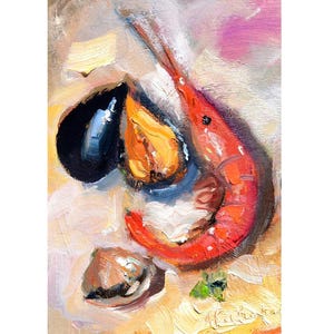 Arte mural de mariscos, arte culinario, pintura al óleo de camarones rojos, mejillones y langostinos, arte mural de almejas, cocina mediterránea, decoración de restaurante con arte animado