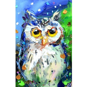 owl art, night bird, owl painting, owl wall art, bird decor, forest animals, flora and fauna, owl portrait, bird decor, oil paste art gift