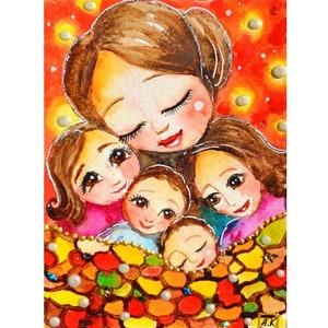 quattro bambini con mamma, famiglia numerosa, arte per bambini, arredamento per fratello e sorella, regalo per la festa della mamma, arte da parete, regalo per sorelle, arte ad acquerello