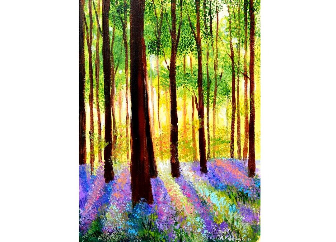 Woodland Art Tall Trees With Purple Flowers, Lavender Field, Flowers in