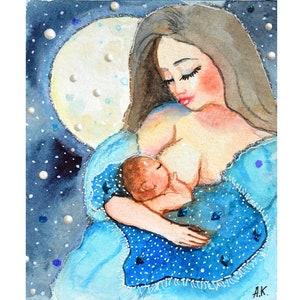 allattamento al seno, nutrire il bambino, dolce maternità, arte della stanza del bambino, essere mamma, regalo di maternità dell&#39;acquerello per la decorazione del figlio piccolo per la moglie, donna che dipinge il bambino