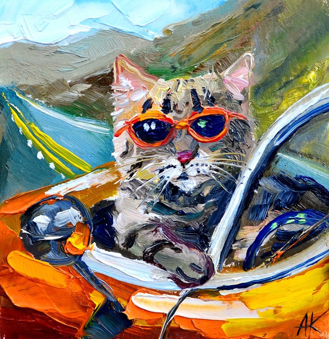 Cat Driving, Funny Art, Cat Art for Good Mood White Cat Artwork Gift ...