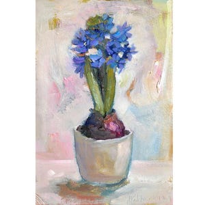 arte de jacinto, flor no vaso, planta arte de parede de jacinto, bulbo de jacinto azul, arte de parede floral de berçário arte roxa