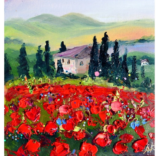 champ avec des coquelicots toscane paysage italien collines italiennes avec des champs de fleurs rouges peinture à l'huile, art moderne décor mural de paysage abstrait