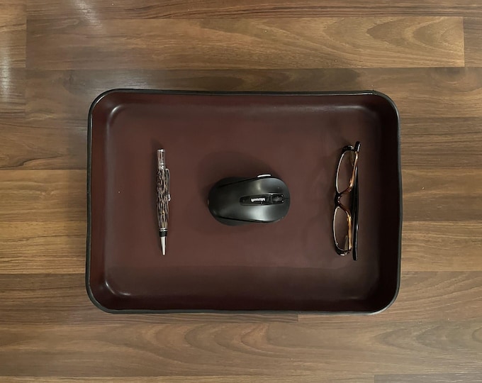 Handmade Large Leather Valet Tray: made in the USA, Brown Desk Organizer