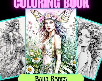 Boho Fairy Coloring Book, Women's Fantasy Art (Digital Download)