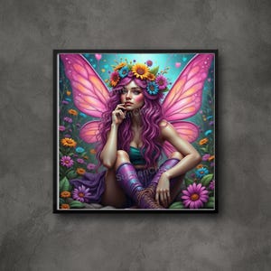 May include: A digital painting of a fairy with pink wings and a flower crown. She is sitting in a field of flowers and has a thoughtful expression on her face.