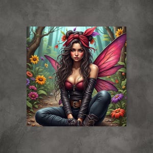 May include: A digital painting of a fairy with pink wings sitting in a forest. She has long black hair, a red bandana, and is wearing a black leather jacket and blue jeans.