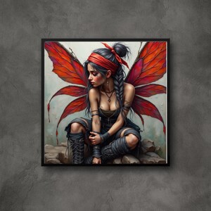 May include: A digital painting of a fairy with red wings and a red bandana. She is sitting on a rock with her legs crossed and her hands clasped in her lap. She has a serious expression on her face.