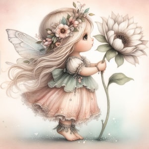 May include: A delicate fairy with a flower crown and wings holds a large white flower with a green stem. The fairy is wearing a pink dress with a green bodice and has long blonde hair.