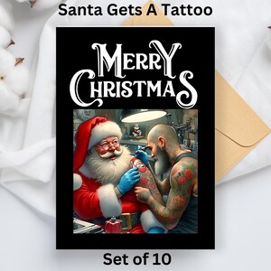 Kerstman krijgt tattoo Kerstkaartset, instant digitale download, tattookunst, kerst, grappige kaart, kerstkaart