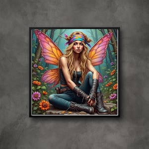 May include: A digital painting of a fairy with large, colorful wings. She is wearing a bandana, a black tank top, blue jeans, and boots. She is sitting on a rock in a forest setting with flowers.