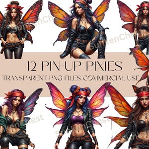 May include: Twelve digital illustrations of pin-up style fairies with wings. Each fairy is wearing a leather jacket and has red hair and a red bandana. The fairies are in various poses and have different colored wings.