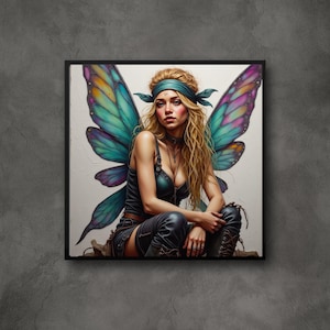 May include: A woman with long blonde hair and a blue bandana sits with her legs crossed, wearing a black leather outfit and large iridescent butterfly wings.