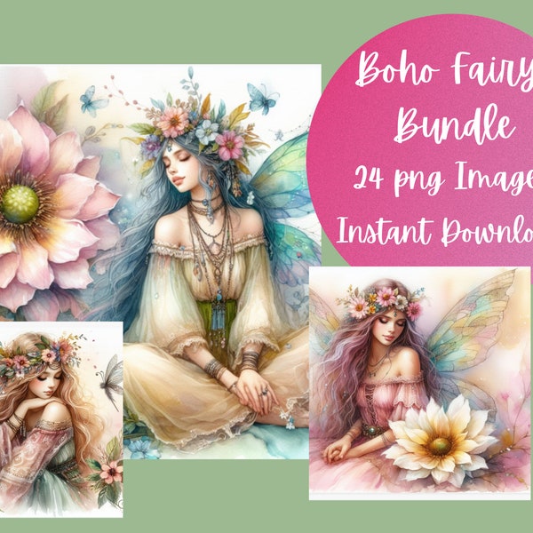 Boho Fairy Art Bundle Set Clip Art Images Hippie Watercolor Art