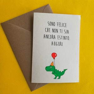 Funny greeting card - happy birthday - balloon dinosaur gift she him present Natale