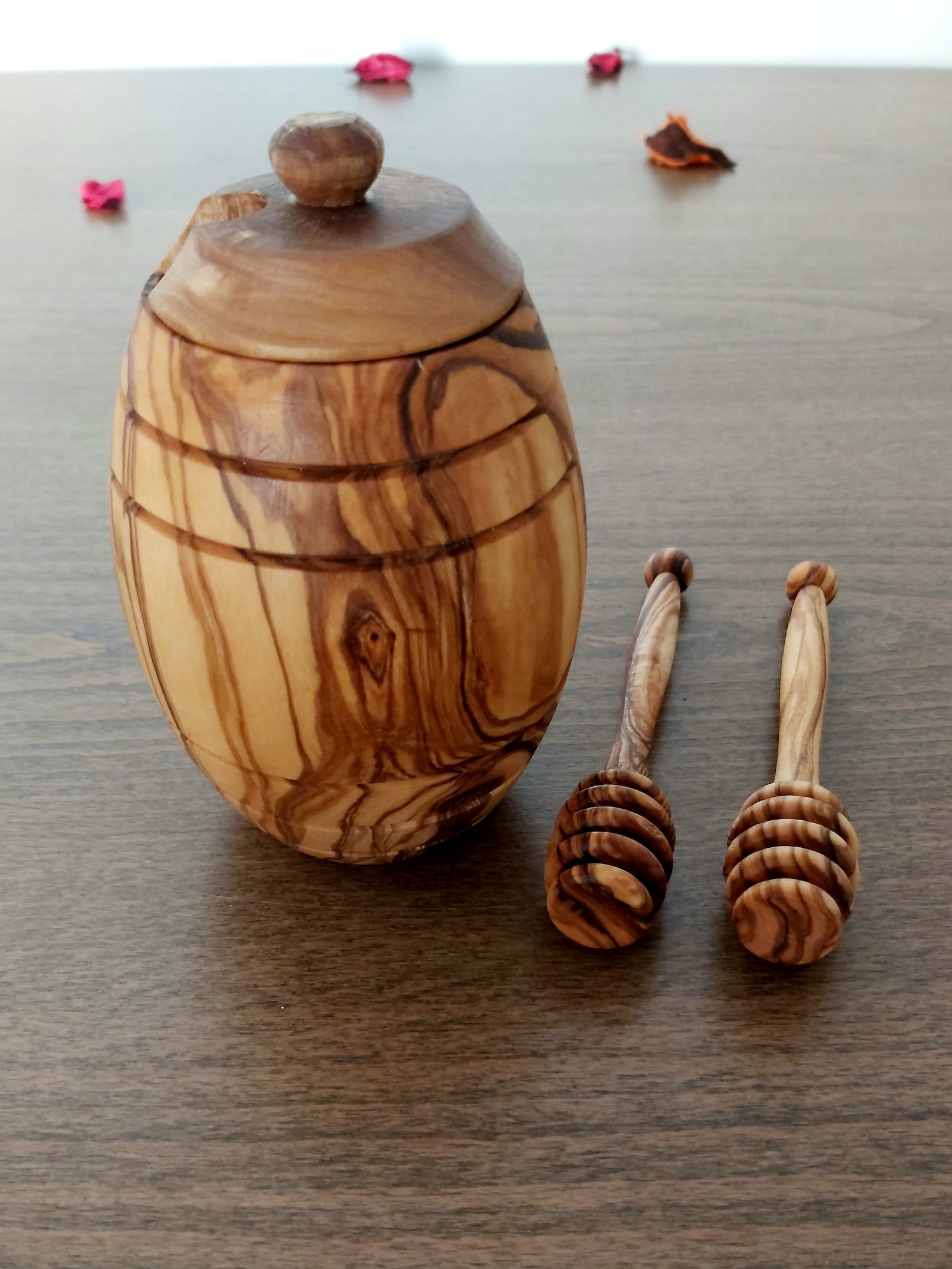 Olive wood honey pot with dipper spoon and free honey Etsy
