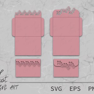May include: A digital download of a pink envelope with a floral design. The envelope is designed for laser cutting and includes SVG, EPS, and PNG file formats.