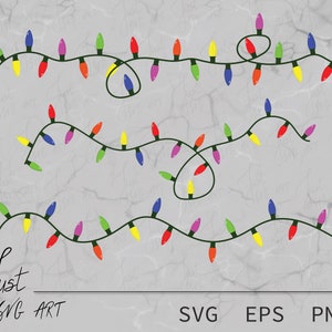 May include: Three sets of colorful string lights with bulbs in various colors, including red, yellow, green, blue, and purple. The lights are arranged in a wavy pattern on a gray background.