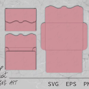 May include: A digital download of a pink envelope template with a scalloped edge. The template is designed for use with a cutting machine. The file formats included are SVG, EPS, and PNG.