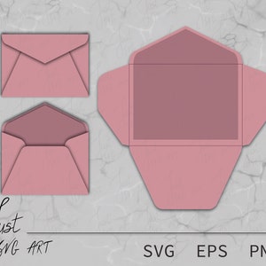 May include: A digital template for a pink envelope with a pointed flap. The template is shown in two different views, one with the flap closed and one with the flap open. The template is labeled with the words "SVG", "EPS", and "PNG".