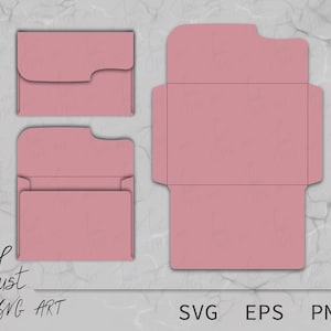 May include: A digital download of a printable envelope template. The template is shown in a light pink color and includes a flap and a pocket. The text "SVG EPS PNG" is at the bottom of the image.