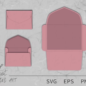 May include: A set of three pink envelope templates for digital cutting machines. The templates are in SVG, EPS, and PNG formats. The envelopes have a pointed flap and a decorative inner flap.