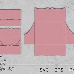 May include: A pink envelope template with a decorative scalloped edge and a flap with a curved design. The template is divided into three sections, showing the front, back, and inside of the envelope. The text "SVG EPS PNG" is at the bottom of the image.