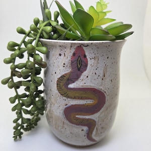 May include: A speckled ceramic planter with a hand-painted snake design in shades of red, purple, and yellow. The planter is filled with green succulents and trailing greenery, creating a decorative display.