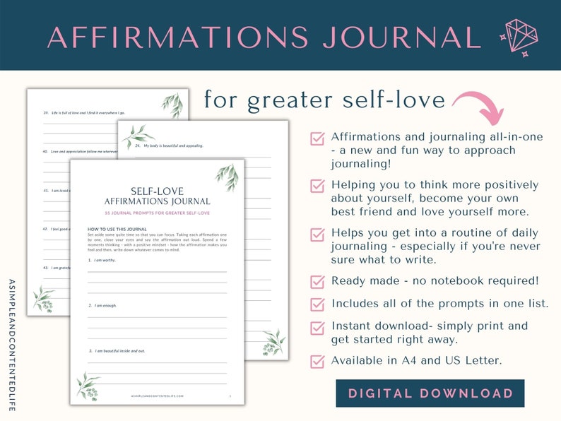 Affirmations Journal, Self Love Journal, Positive Affirmations Printable, Journal Prompts, Self Love Affirmations, Affirmations for Women image 2