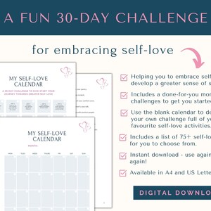 Self Love Challenge, Self Love Journal, Self Care Planner, Self Care Calendar, Wellness Planner, Habit Tracker, 30 Day Challenge Tracker image 3