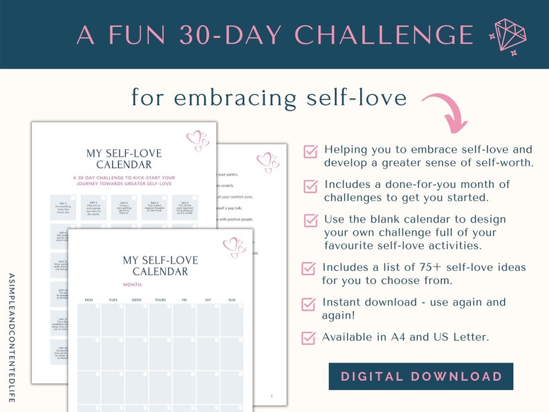 Self Love Challenge, Self Love Journal, Self Care Planner, Self Care Calendar, Wellness Planner, Habit Tracker, 30 Day Challenge Tracker image 3