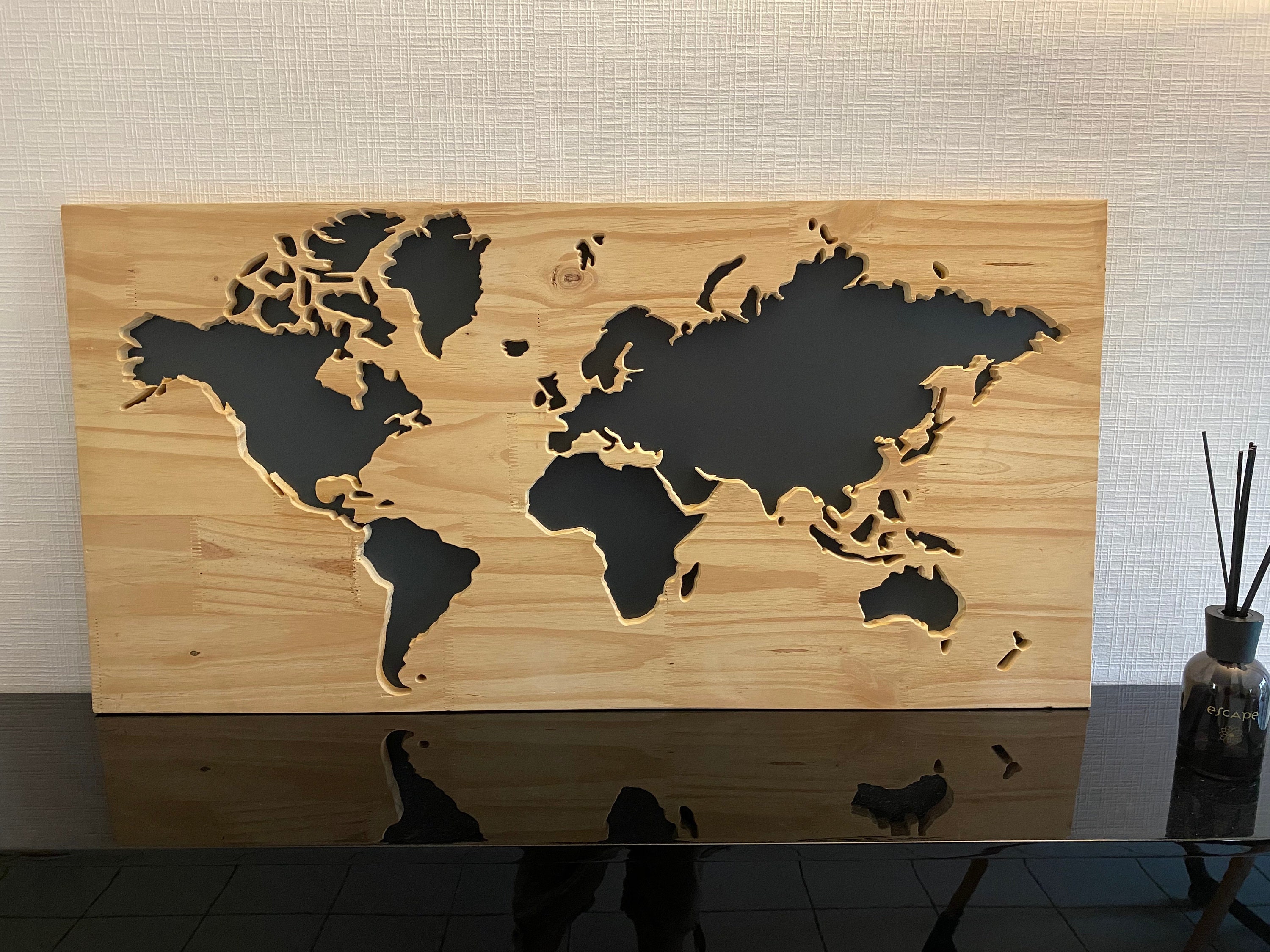 Carved solid wooden world map Etsy