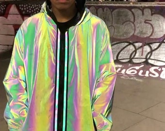 Les femmes irisé transparent Veste Holographique Manteau Rainbow Bomber Tops Outwear Les femmes irisé transparent Veste Holographique Manteau Rainbow Bomber Tops Outwear
