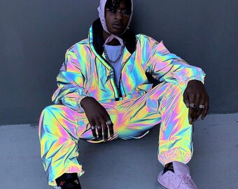 Holographic Tracksuit Rave Clothing Trippy | Reflective Rainbow Rave Outfit | Festival Clothing, Rave Wear | Cyberpunk Track Jacket & Pants
