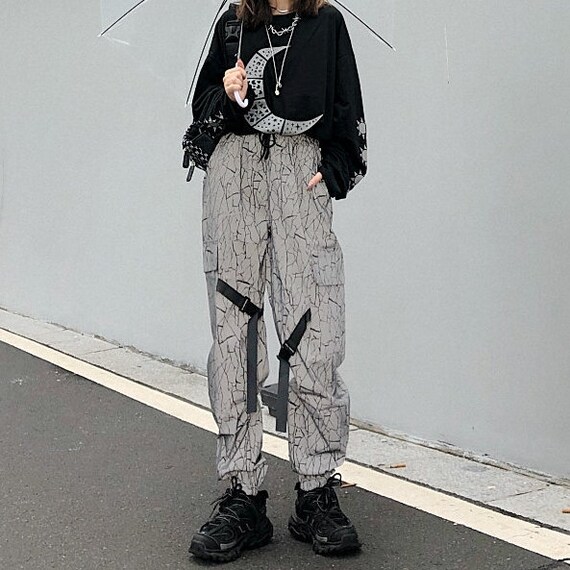 Reflective Techwear Pants Women Gray 