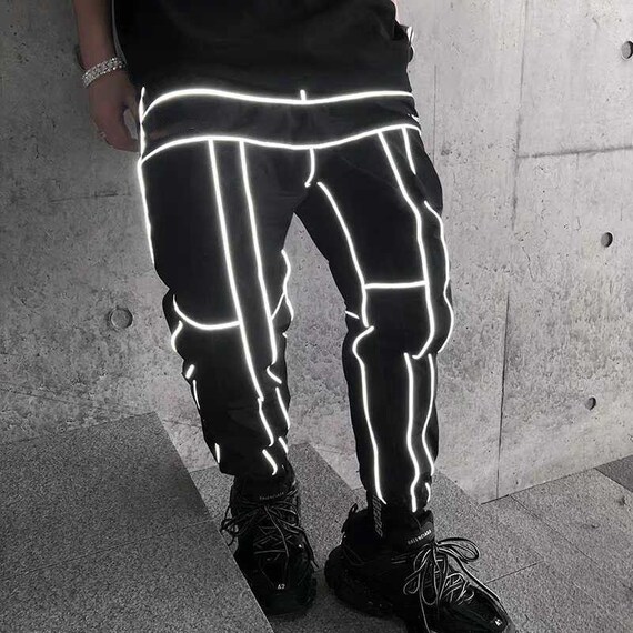 Black Techwear Pants Reflective Stripes 
